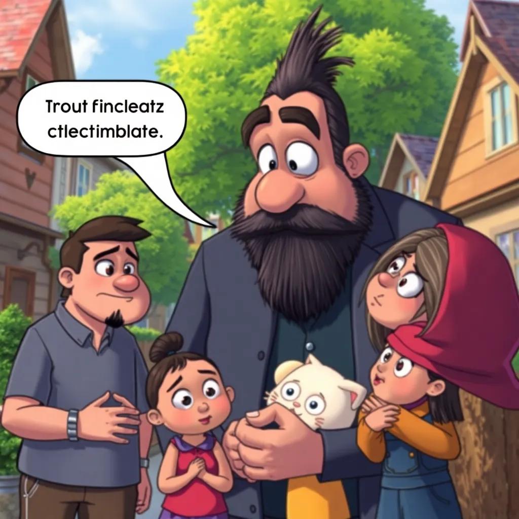 A nosy neighbor with a sly expression asking the family about their fortune, vibrant neighborhood scene, high-quality
