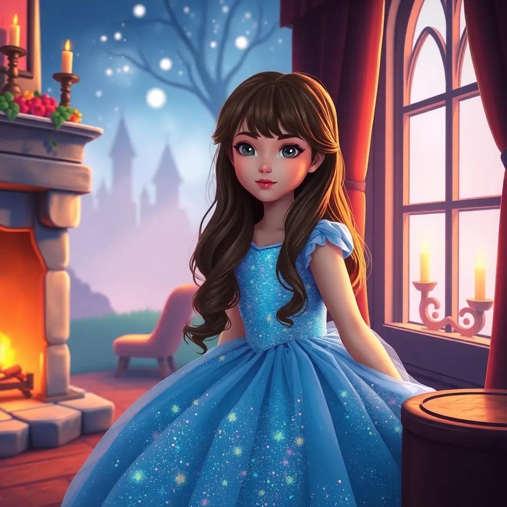 A beautiful fairy tale scene in an enchanting kingdom, a young girl, Cinderella, with long brown hair wearing a sparkling blue dress, sitting by the fireplace, looking out of the window, hopeful, warm lighting, soft features, whimsical atmosphere