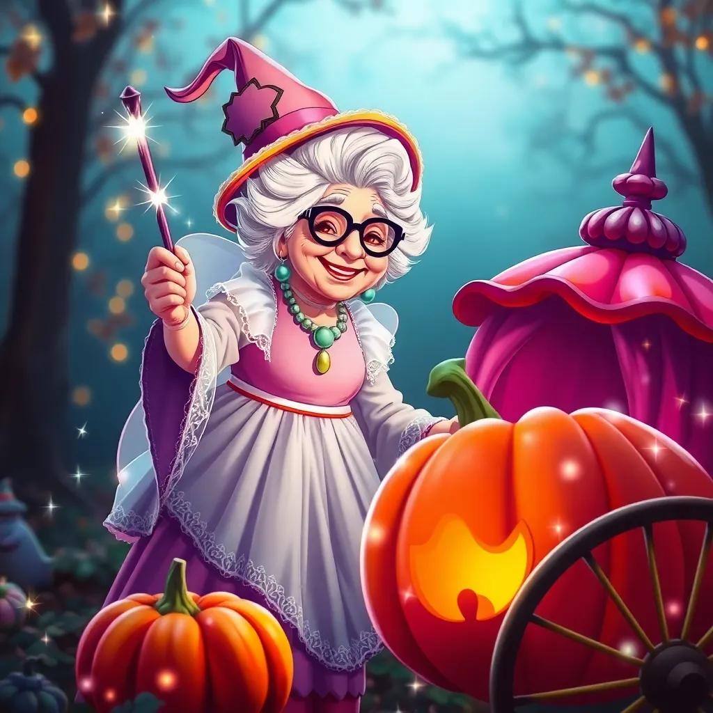 An elderly fairy godmother appears, smiling kindly, wearing a whimsical dress and glasses, waving her magic wand, transforming a pumpkin into a beautiful carriage, bright colors, magical sparkles, cheerful mood, enchanting view