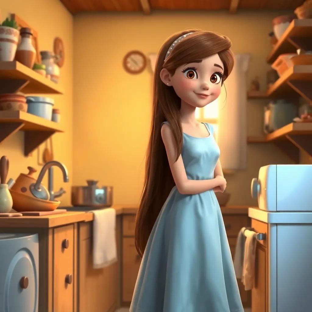 A beautiful young girl, Cinderella, with long brown hair, wearing a simple dress, doing household chores in a small, cozy kitchen, digital art, warm colors, homely atmosphere, high quality