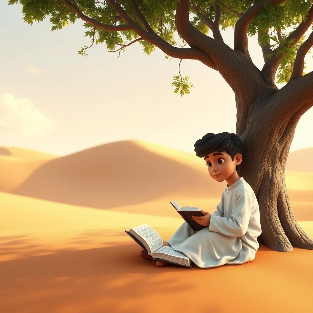 A peaceful desert scene with a gentle breeze, a young Arab boy sitting under a tree reading the Quran, warm daylight, serene atmosphere, digital art, inviting and enlightening