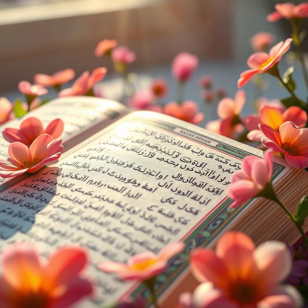 A close-up of the Quran open with vibrant pages featuring verse from Surah Al-An'am, surrounded by flowers and sunlight, bright and colorful, focusing on the beauty of the text