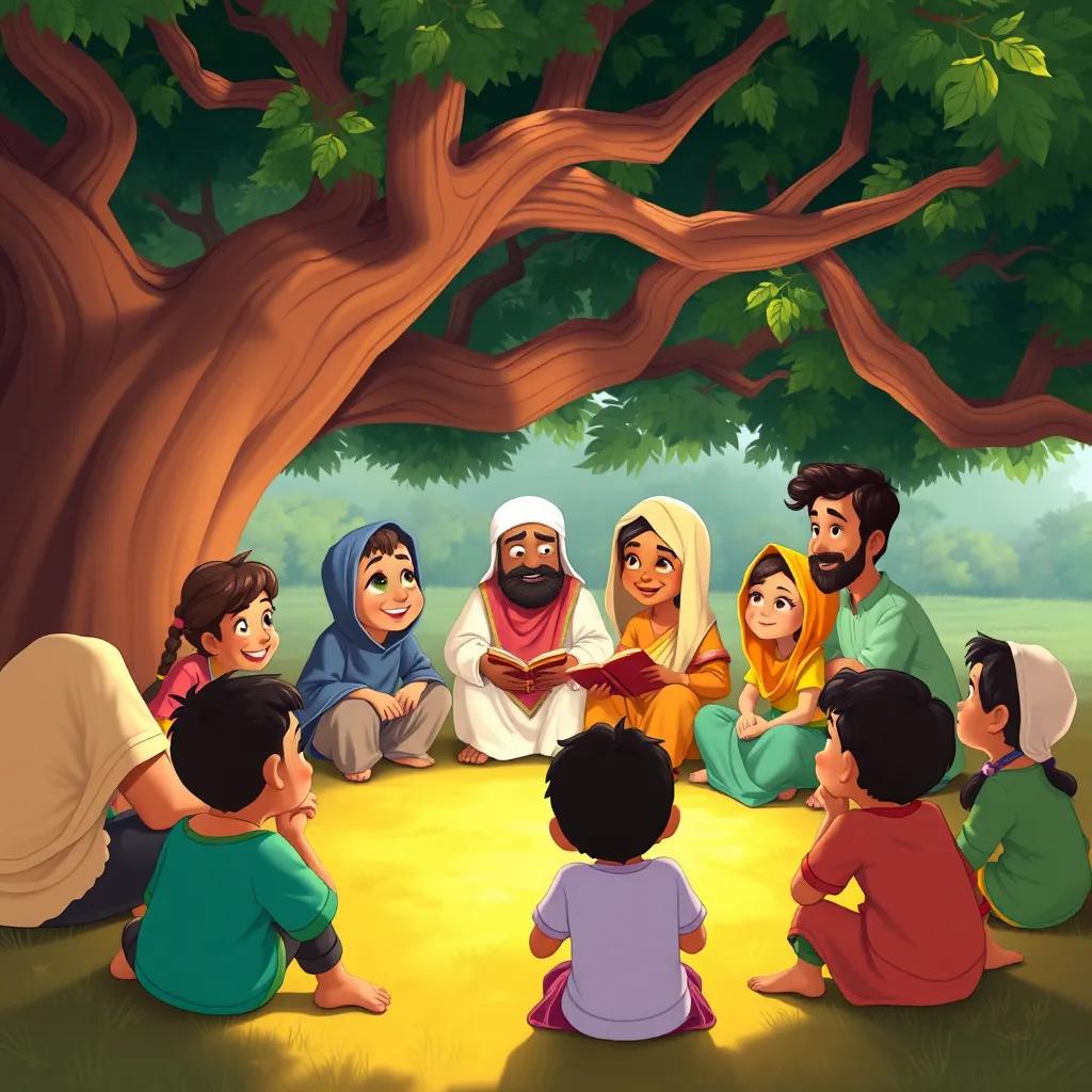 A group of children, diverse ethnic backgrounds, sitting in a circle listening to an elder telling stories from the Quran under a large tree, engaging and joyful, warm colors, community spirit