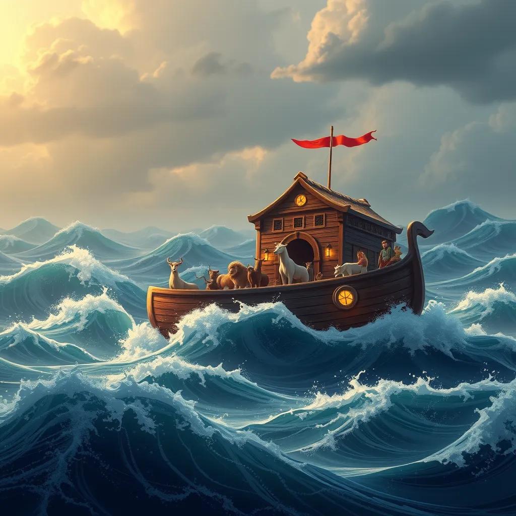 An illustrated depiction of Prophet Noah's ark sailing on stormy waves, surrounded by animals, showing the trust in Allah, dramatic yet hopeful lighting, captivating and adventurous