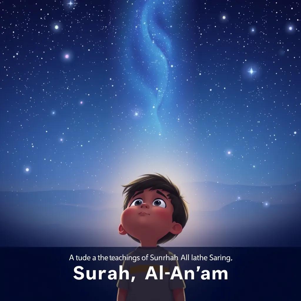 A serene illustration of the night sky filled with stars, with a child looking up in awe and contemplation, contemplating the teachings of Surah Al-An'am, peaceful and reflective