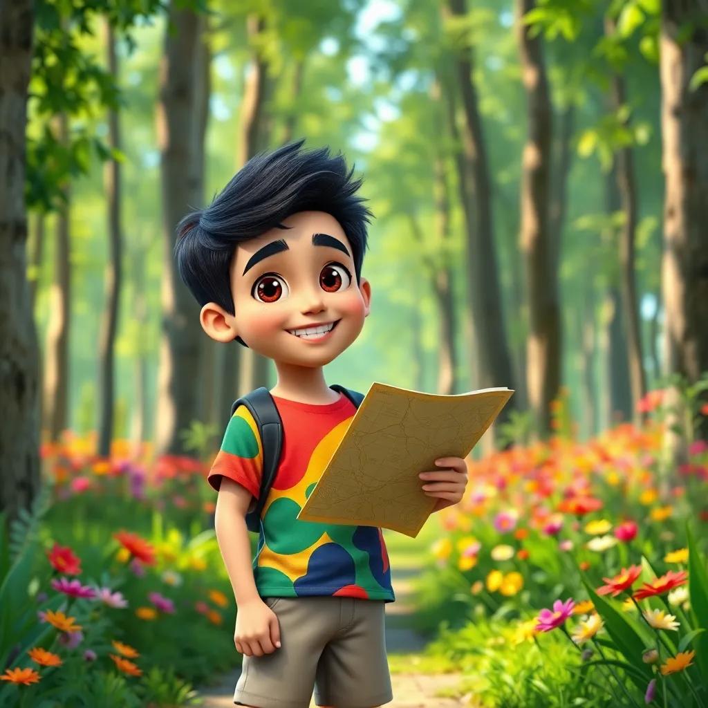 A young Arab boy, Solo, with short black hair, wearing a colorful t-shirt and shorts, smiling and holding a map, standing in a vibrant green forest with tall trees and colorful flowers, digital art, vivid colors, cheerful atmosphere, engaging perspective, high quality