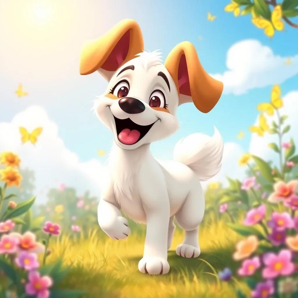 A playful dog, Lifelink, with fluffy white fur and big floppy ears, wagging his tail joyfully in a sunny glade, surrounded by nature with bright skies and butterflies, illustration, lively and colorful, child-friendly, warm lighting