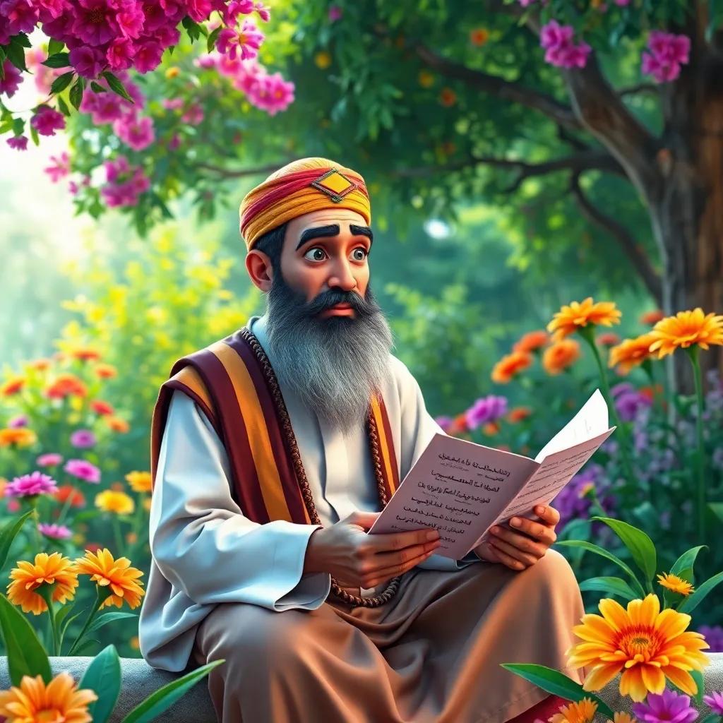 A wise man, Sibawayh, an Arab scholar, sitting in a lush garden with colorful flowers and trees, explaining grammar rules, digital art, vibrant colors, bright atmosphere, high quality