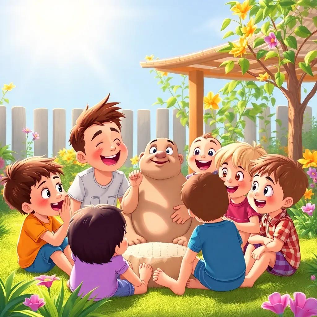 Children with excited expressions, sitting around Sibawayh in the garden, listening attentively, filled with curiosity and joy, bright sunny day, child-friendly illustration, fun atmosphere, high quality