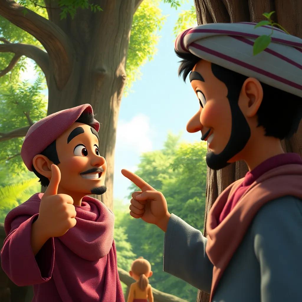 A close-up of Sibawayh pointing at a big tree, explaining the importance of family in language using metaphors, lush greenery surrounding them, engaging and cheerful, vibrant light, high quality