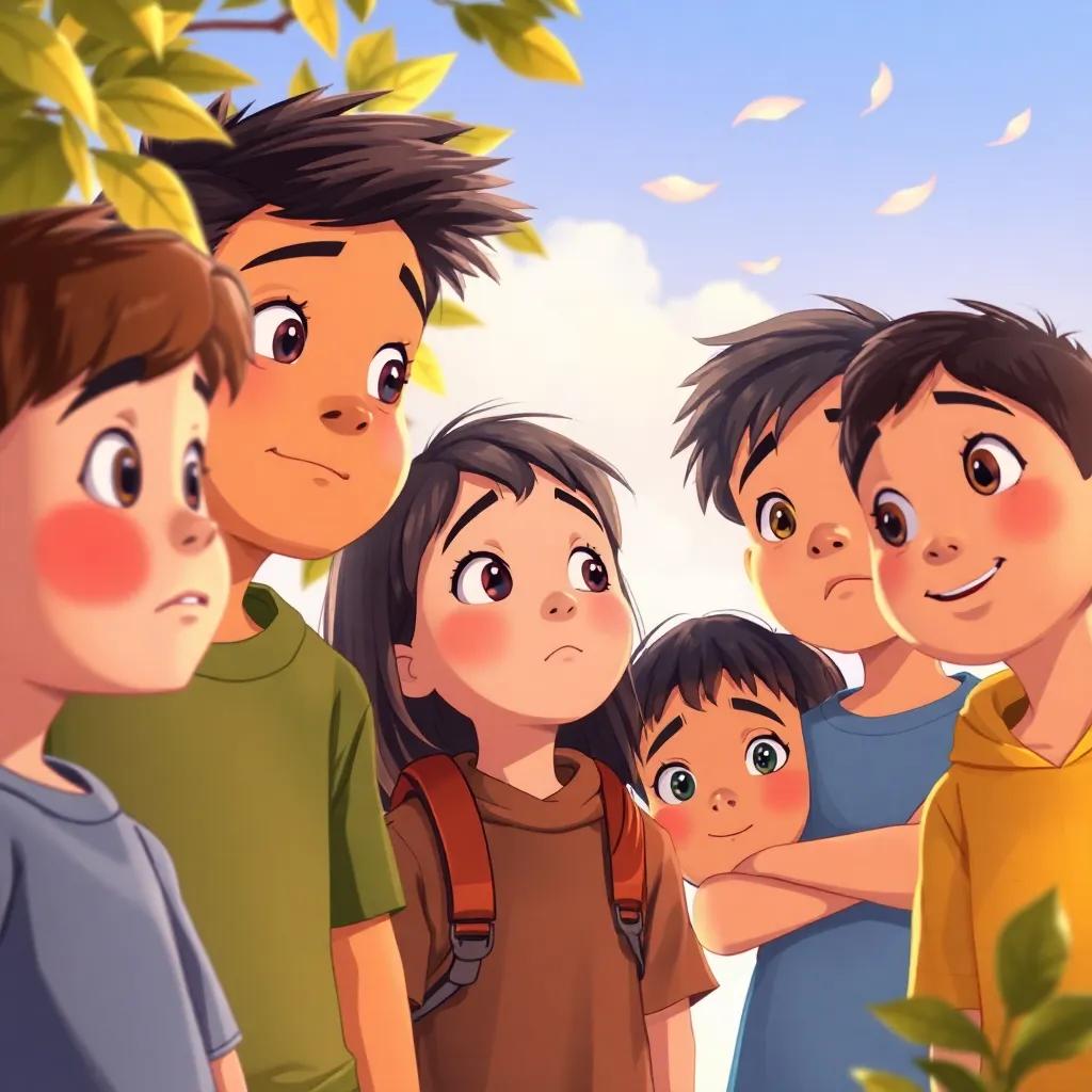 A group of children thinking deeply, looking thoughtful and inquisitive as they ask questions, a soft breeze rustling the leaves, warm colors all around, high quality