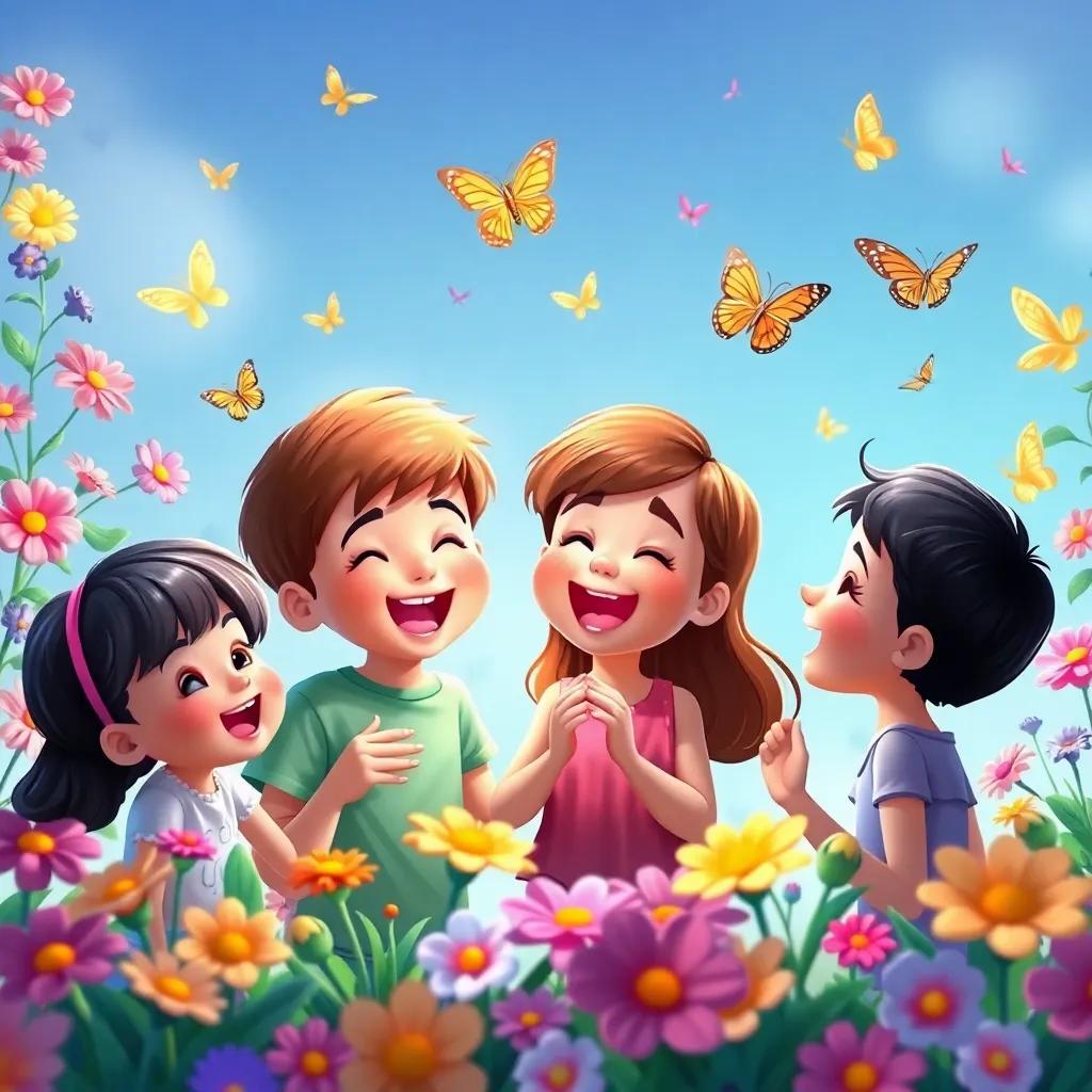 A playful scene with children singing the rhythm of words, their faces bright with excitement, surrounded by colorful flowers and butterflies, cheerful mood, child-friendly, high quality