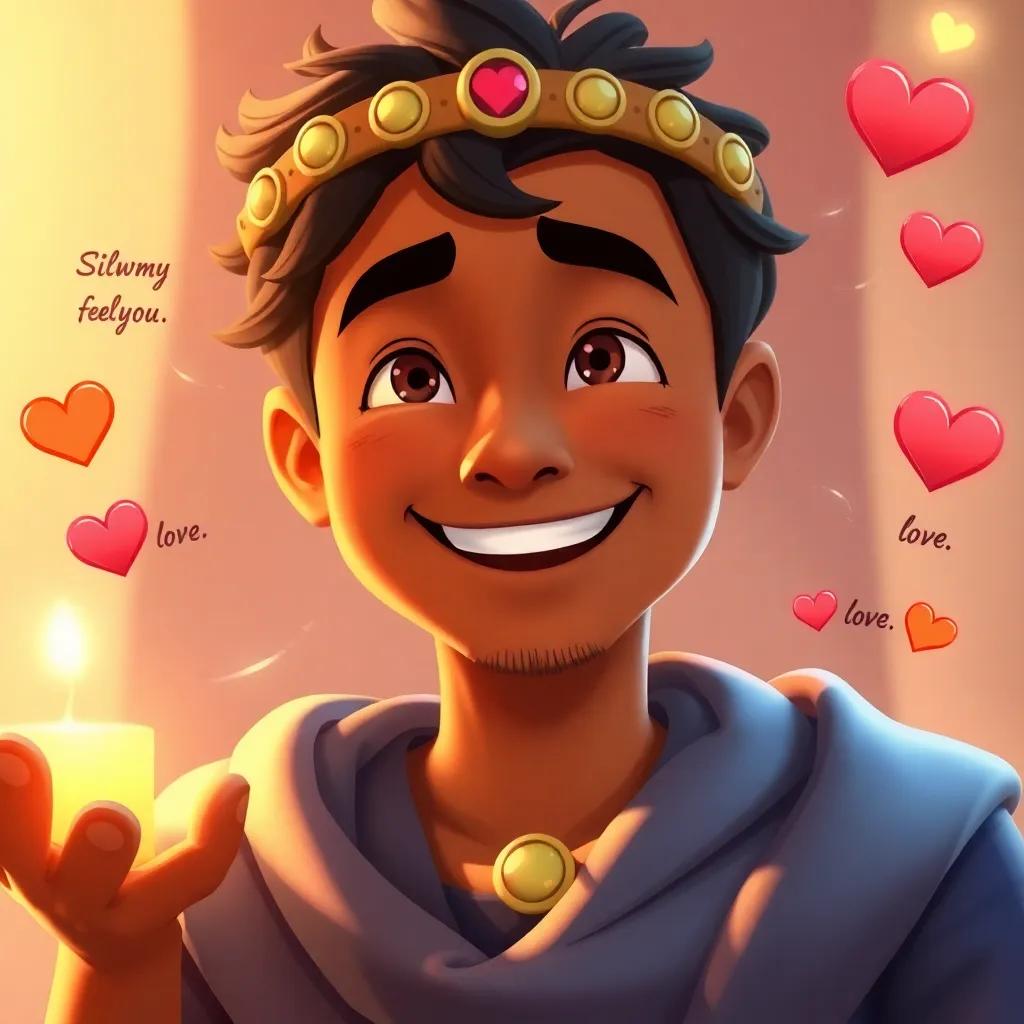 Sibawayh smiling as he explains feelings through words, symbols of love depicted around him, gentle light casting warmth, inviting and joyful, high quality