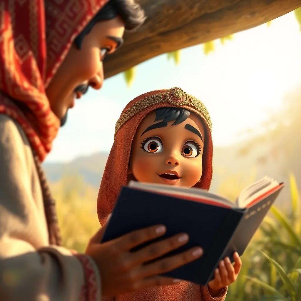 A child asking Sibawayh a question, open book in hand, expressions of wonder and eagerness, surrounded by nature and sunshine, vivid details and colors, high quality