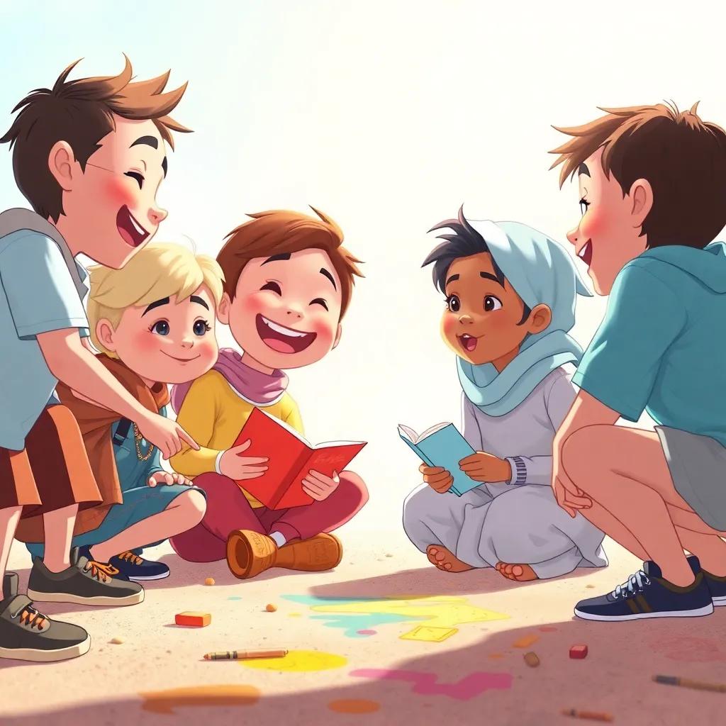 A joyful atmosphere as children ask Sibawayh to help with poetry, excited and creative vibes, colorful sketches on the ground, bright day, high quality