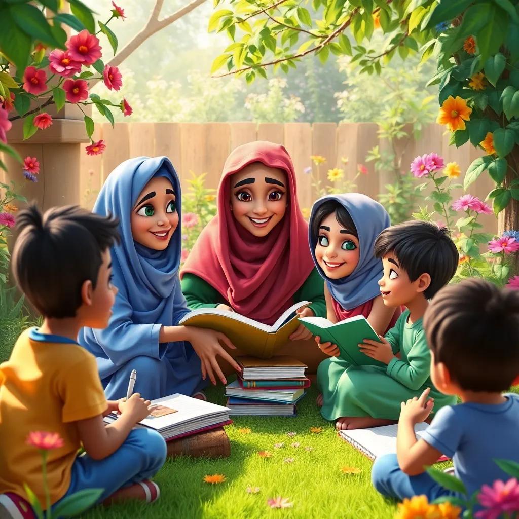 Sibawayh teaching children how to write poetry, surrounded by notebooks and ideas, the garden filled with inspiration, joyous and colorful, high quality