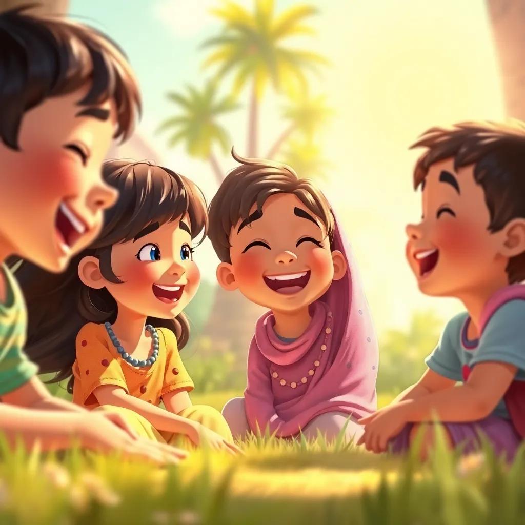 A heartwarming scene of children laughing with Sibawayh, showing their new understanding and love for language, sunny and dreamy environment, vibrant hues, high quality
