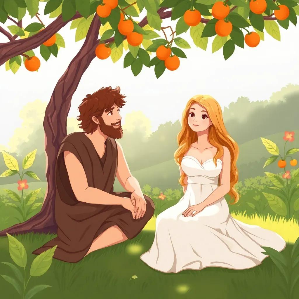 A calm garden scene with Adam and Eve, Eve, a young woman with light skin and long hair, wearing a beautiful ancient dress, sitting under a tree with fruits, soft sunlight, peaceful, illustration, engaging and cheerful tone