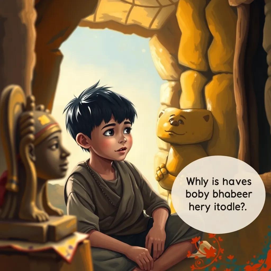 A young boy, Ibrahim, with short black hair and wearing simple traditional clothes, sitting in a small house in Uruk, looking curiously at a statue, asking his father why they make idols, cheerful digital art, warm colors, inviting atmosphere, close-up view, high quality