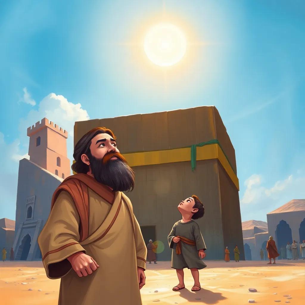 A grown man, Ibrahim, with a beard and wearing a simple robe, standing in front of a partially built kaaba with his son Ismail, both looking up with hope, surrounded by light and a clear sky, illustration, bright colors, hopeful theme, heartwarming scene, high quality