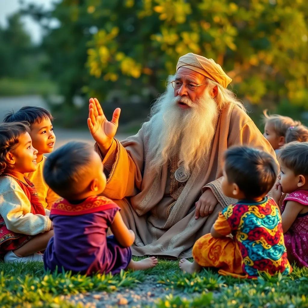An old man, the sheikh, with a long white beard in traditional clothes, speaking passionately about Prophet Ibrahim, surrounded by curious children sitting on grass, with animated expressions and colorful clothing, storytelling scene, joyful, magical aura, vivid colors, inviting quality
