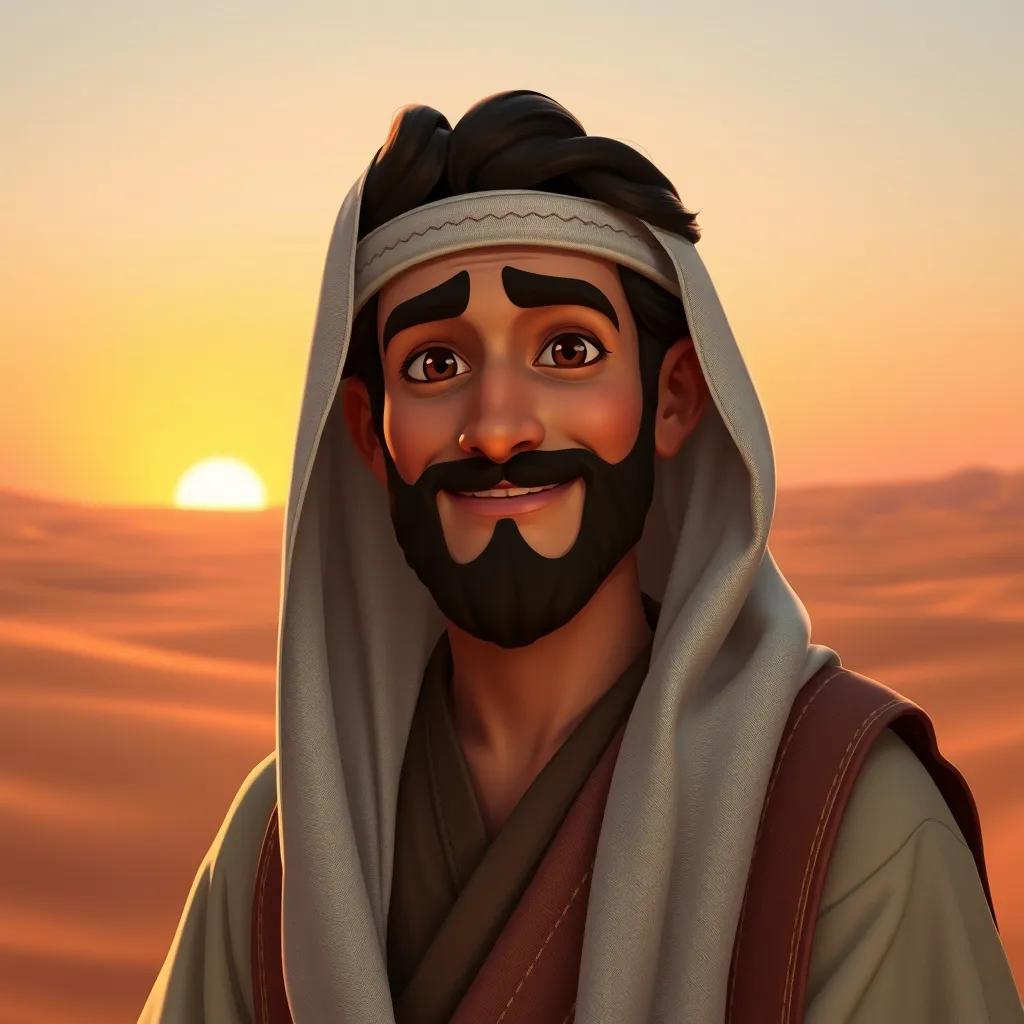 A portrait of a noble prophet, Ibrahim, with a kind face, wearing traditional robes, standing in a vast desert, with a gentle sunset in the background, detailed art, warm colors, serene atmosphere, high quality