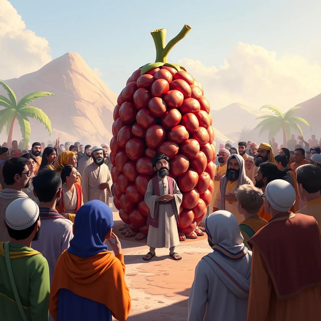 A scene showing people gathered around a large fruit statue made of dates, looking puzzled; Ibrahim stands confidently in the middle, explaining, digital painting, vibrant colors, engaging perspective, high quality