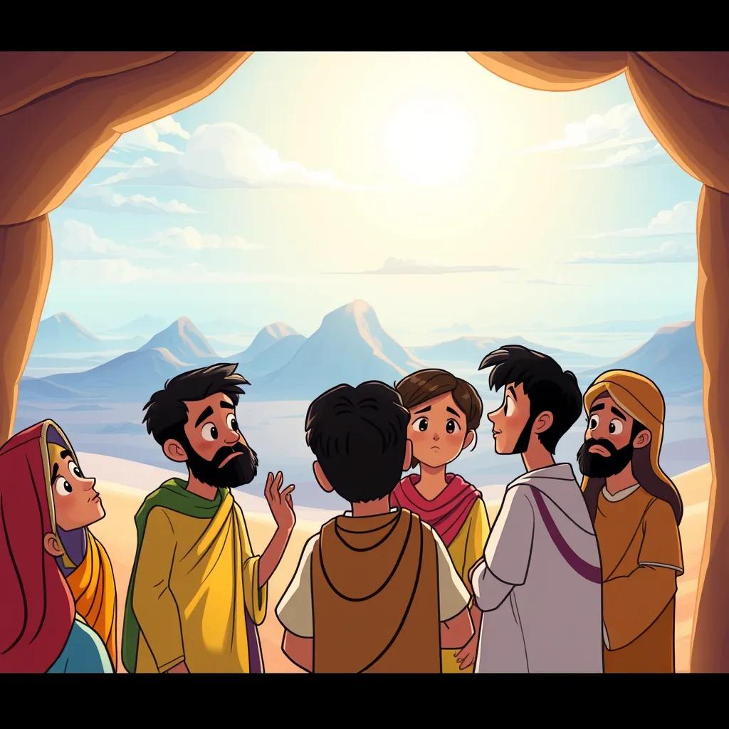 A colorful illustration of people with confused expressions listening to Ibrahim, with beautiful desert landscapes around them and clear skies above, engaging art style, child-friendly, high quality