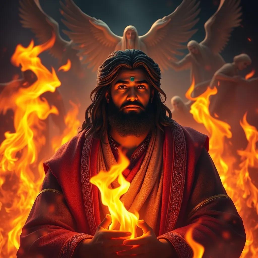 A dramatic scene of Ibrahim surrounded by fire, looking calm and serene, flames swirling around him, with angels watching from above, rich colors, dramatic lighting, high quality