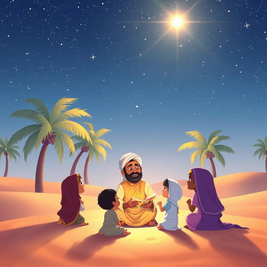 A warm scene of Ibrahim teaching children about faith under a starry sky, surrounded by palm trees and gentle sand dunes, with love and warmth radiating from the characters, soft colors, inviting atmosphere, high quality