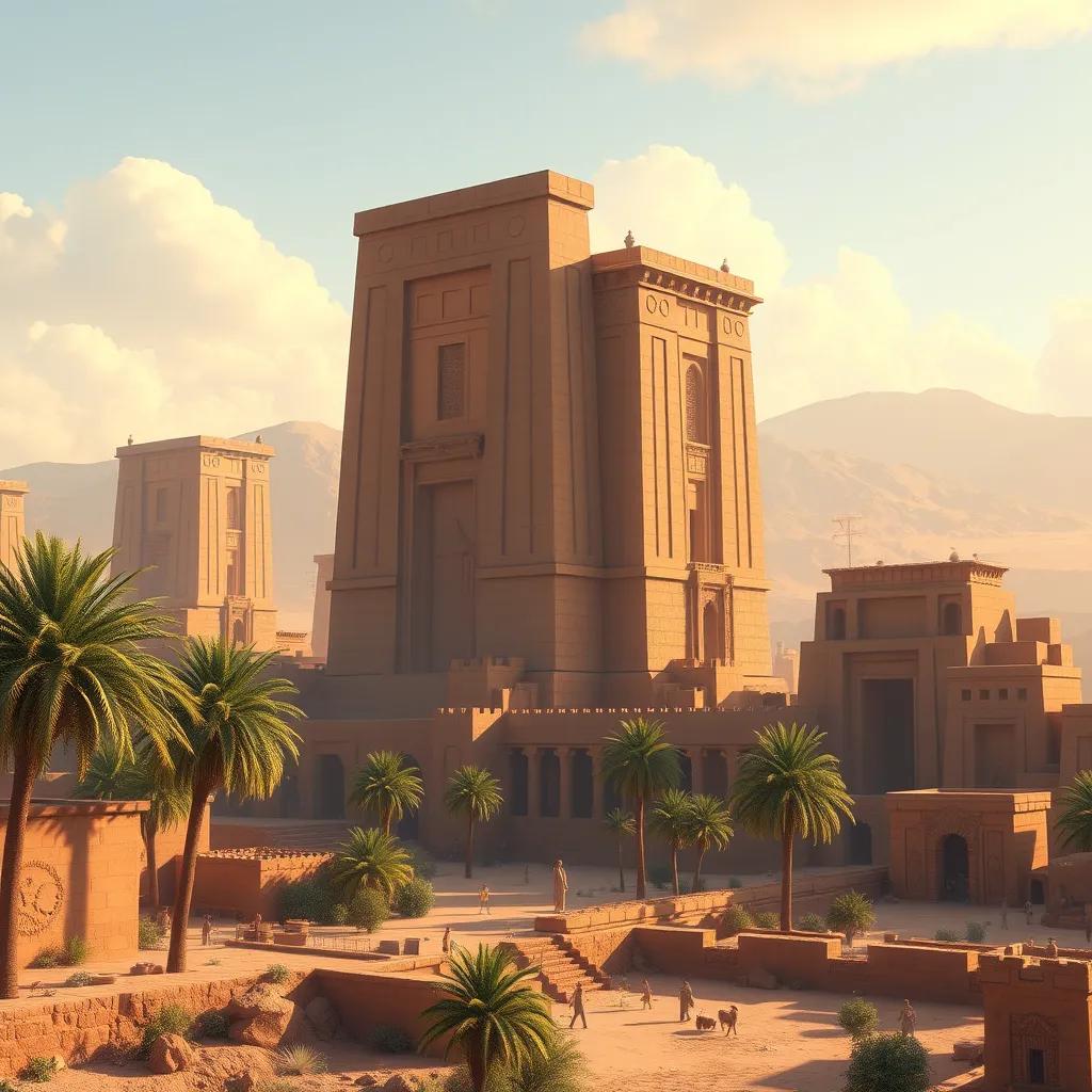 A majestic landscape of ancient Babylon, with tall buildings made of clay and palm trees, sunny day, warm colors, high quality, inviting atmosphere
