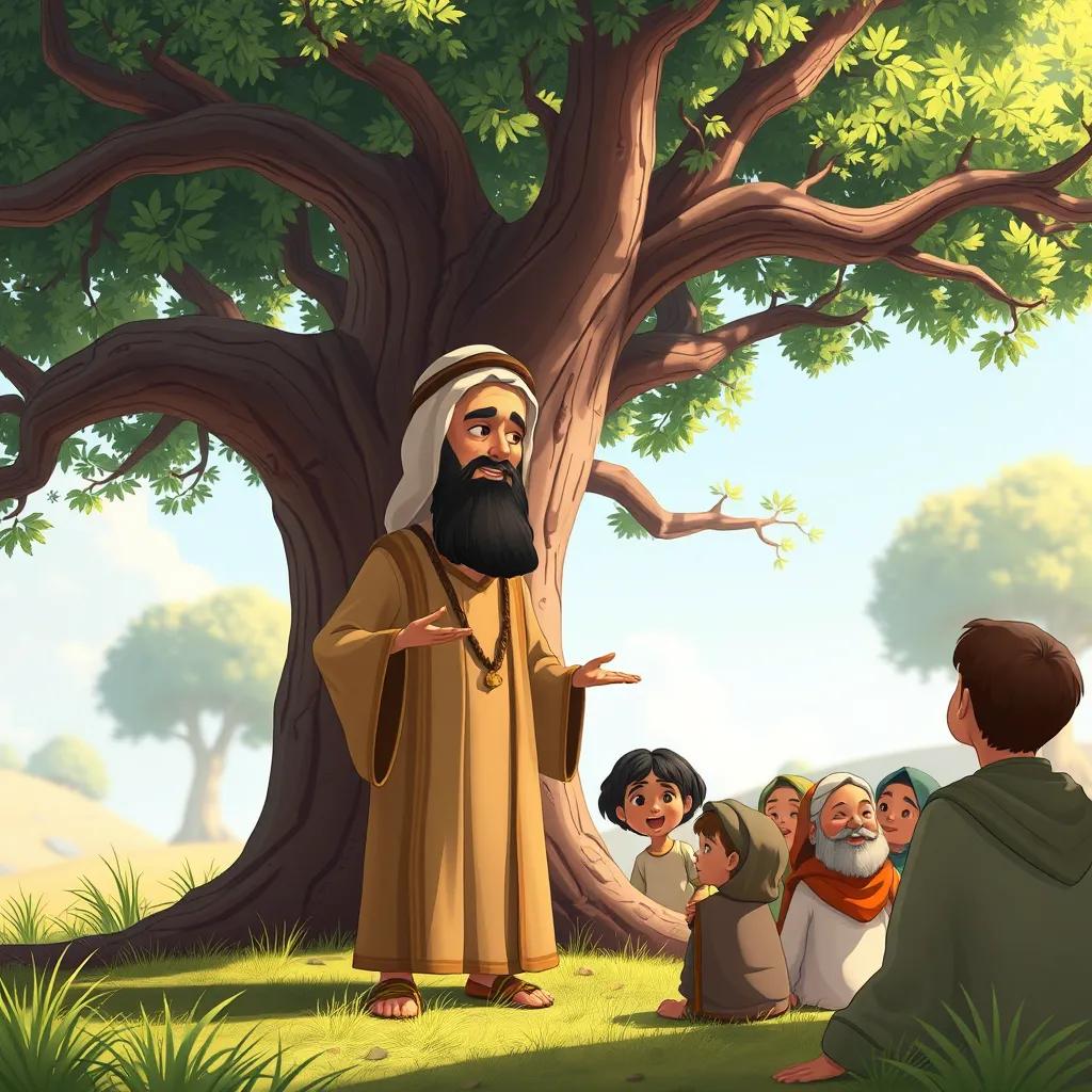 Ibrahim, a Middle-Eastern man, wearing a traditional long robe and a headscarf, speaking to a small group of people under a large tree, detailed illustration, friendly, educational