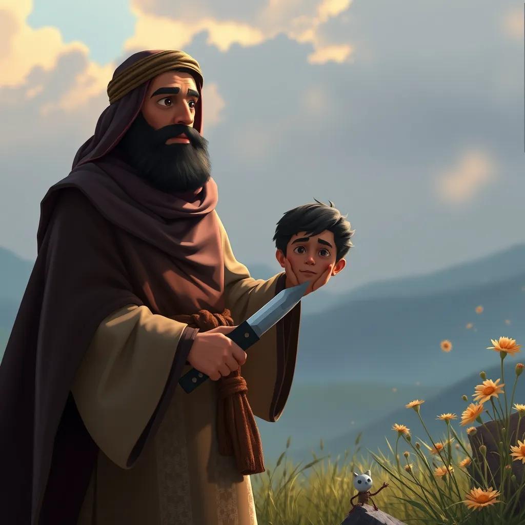 Ibrahim standing with his son Ismail in a serene setting, holding a knife with a look of determination, nature around them symbols of faith, emotional, detailed artwork
