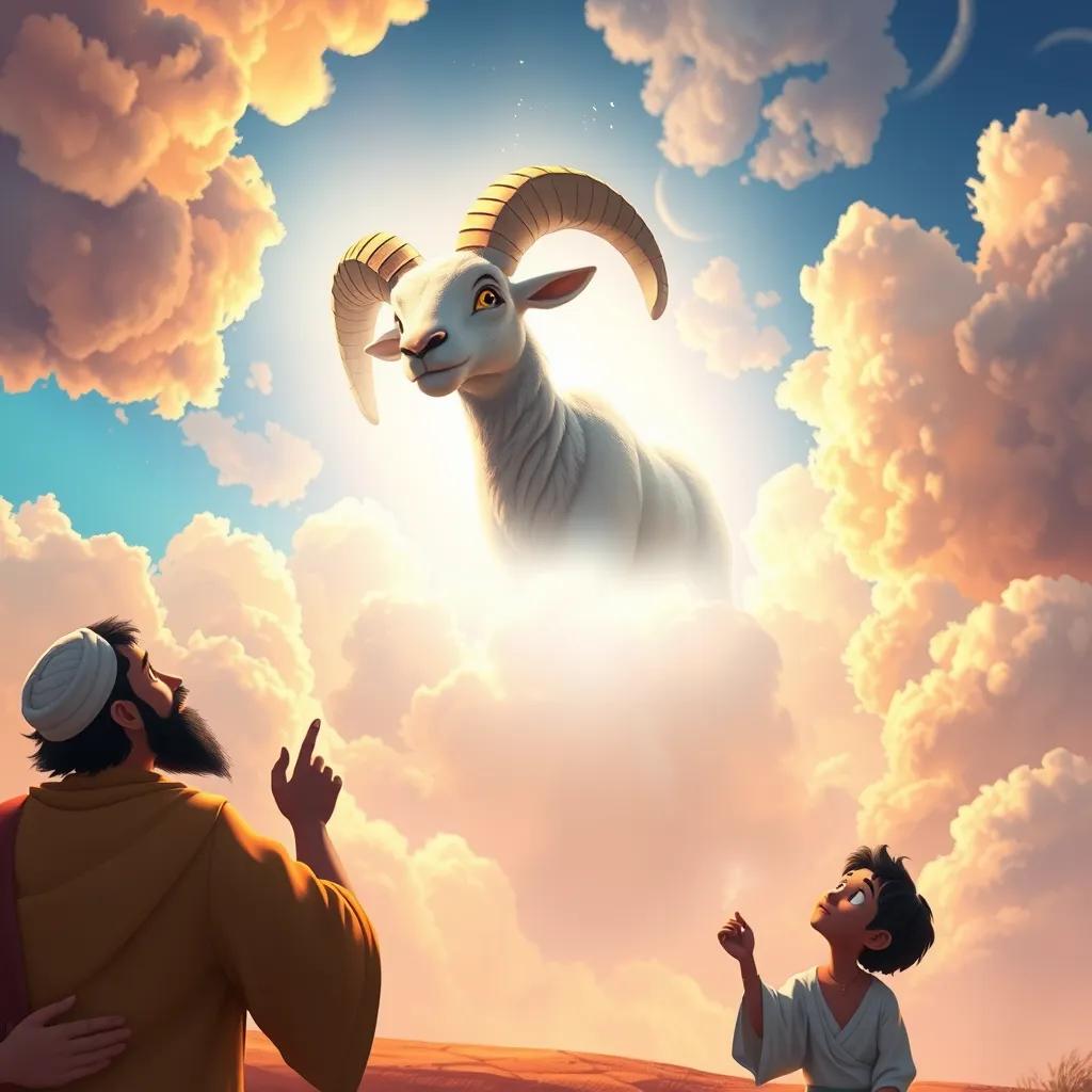 A dramatic scene showing a ram appearing from the clouds, with Ibrahim and Ismail in awe, conveying a moment of faith and divine intervention, colorful, uplifting, high quality