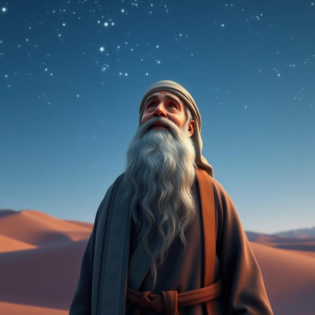 A wise and old man, Ibrahim, with a long beard and wearing a traditional robe, standing in a desert, looking up at the stars, detailed digital art, calm night sky, high-quality