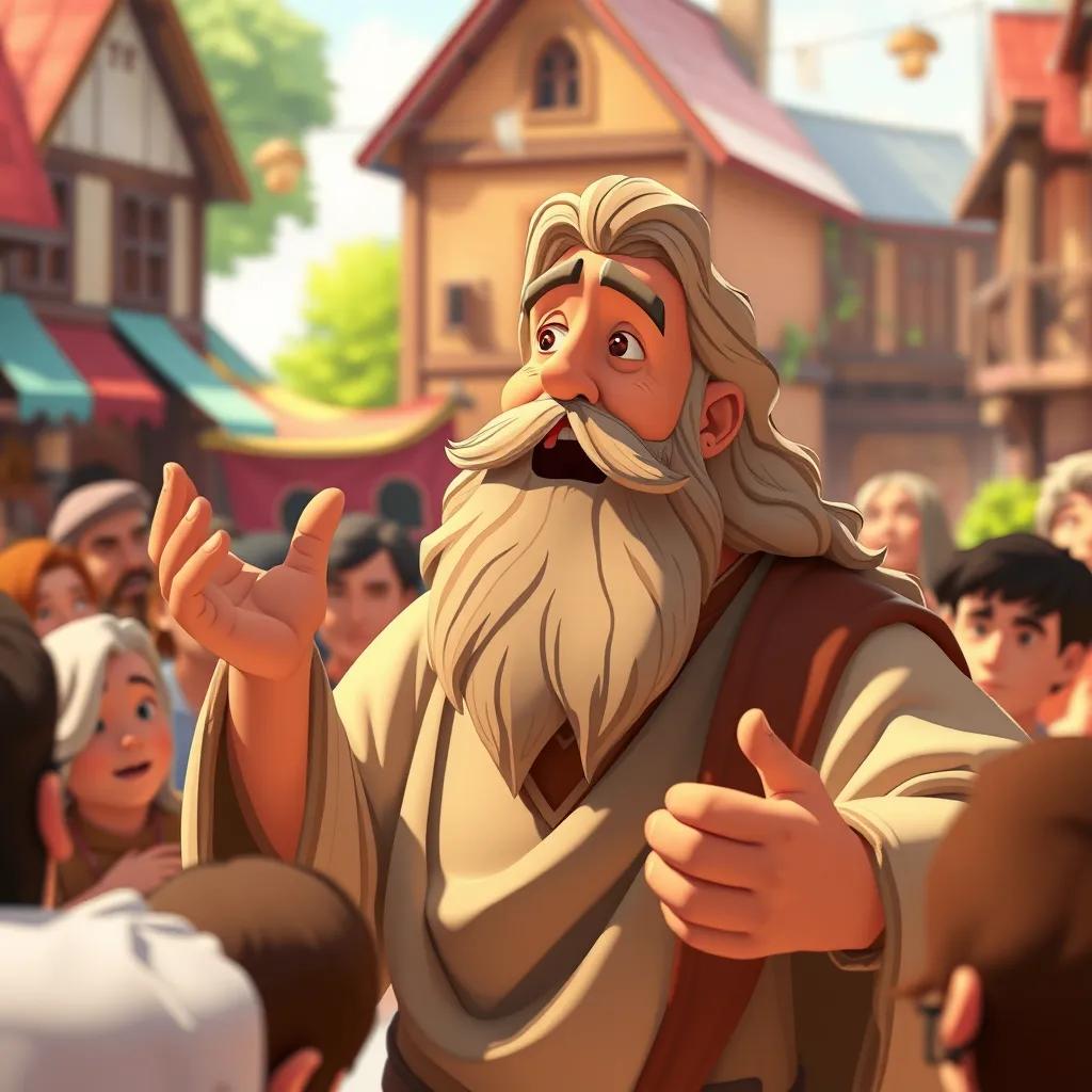 Abraham, a noble man with a long beard, passionately speaking to a crowd of people, who look curious and attentive, set in a vibrant town square, warm colors, lively atmosphere, high-quality