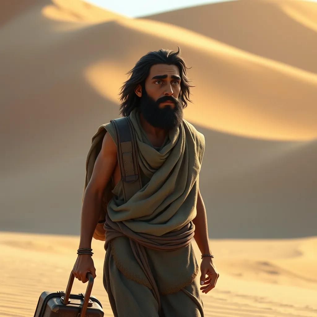 Abraham, a brave man, with a determined expression, walking alone in the desert with a small amount of luggage, harsh sunlight, expansive sand dunes, determination visible, high-quality