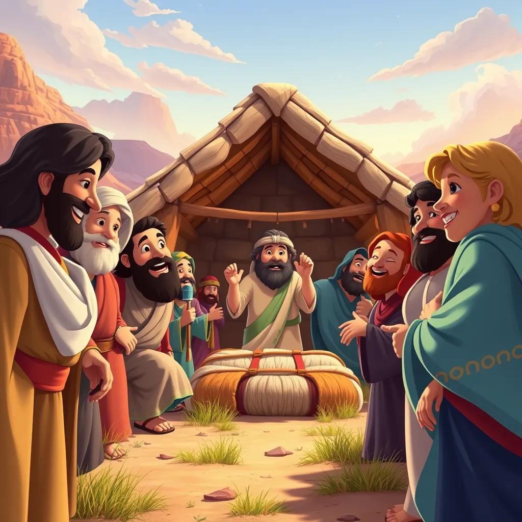 Abraham with a joyful group of people, building a beautiful house for God in the desert, showing happiness and togetherness, vivid colors, friendly environment, high-quality