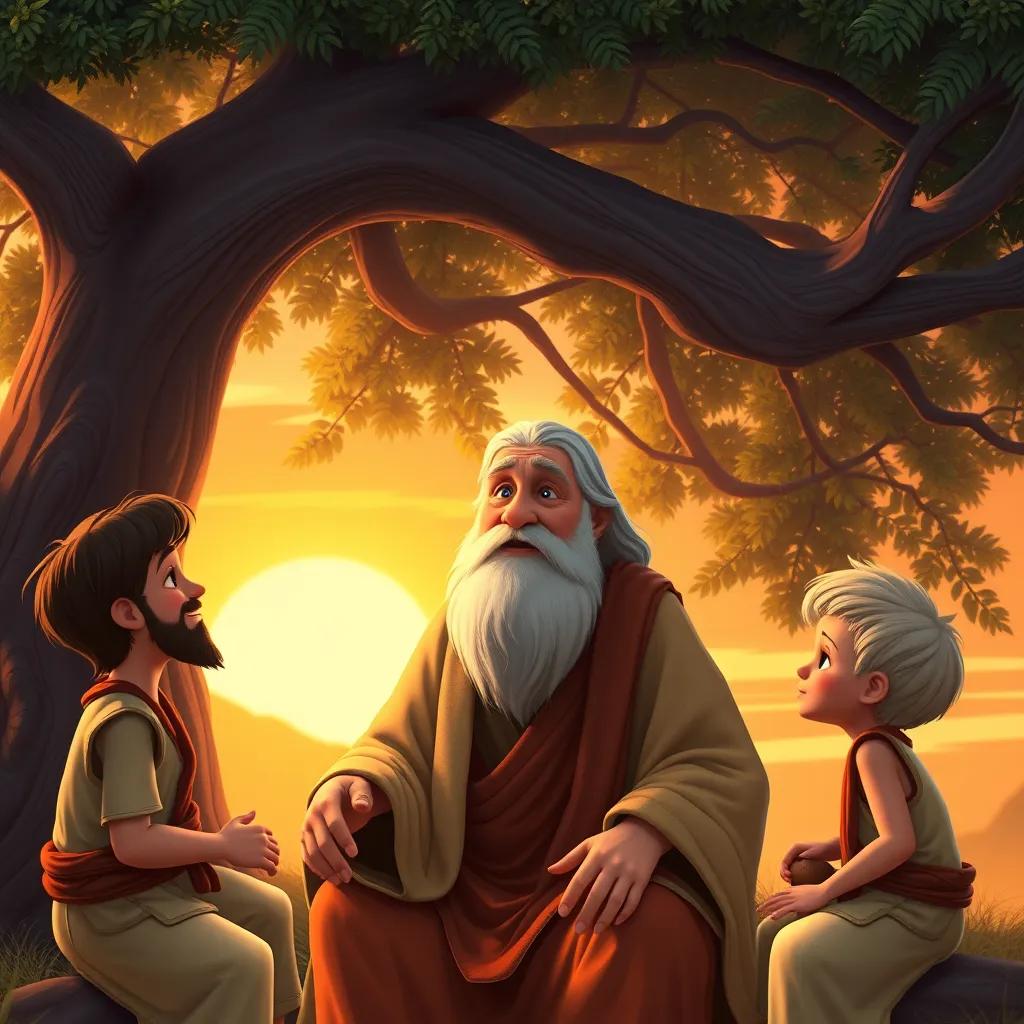 Abraham, an old man with a wise look, surrounded by his two sons, teaching them about faith and love under a large tree, warm sunset background, inspiring scene, high-quality