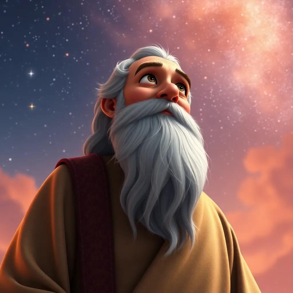 A wise old man, Ibrahim, with a long beard, wearing traditional robes, standing under a starry sky, looking up with a look of contemplation, digital art, warm colors, serene atmosphere, high quality