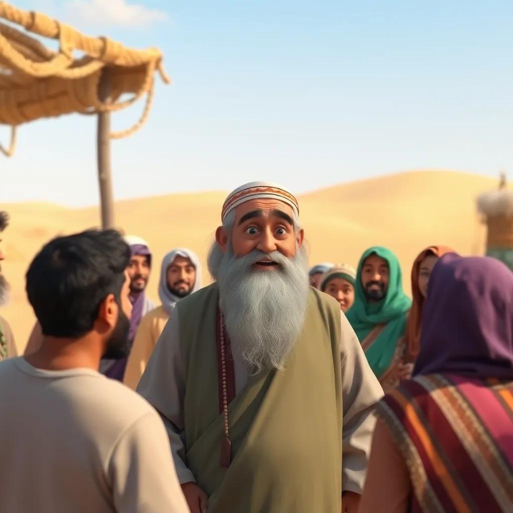 An elder, Ibrahim, with a long beard, speaking to a group of people in traditional clothes in a desert village, looking hopeful and encouraging, cheerful colors, community gathering, heartwarming scene, high quality