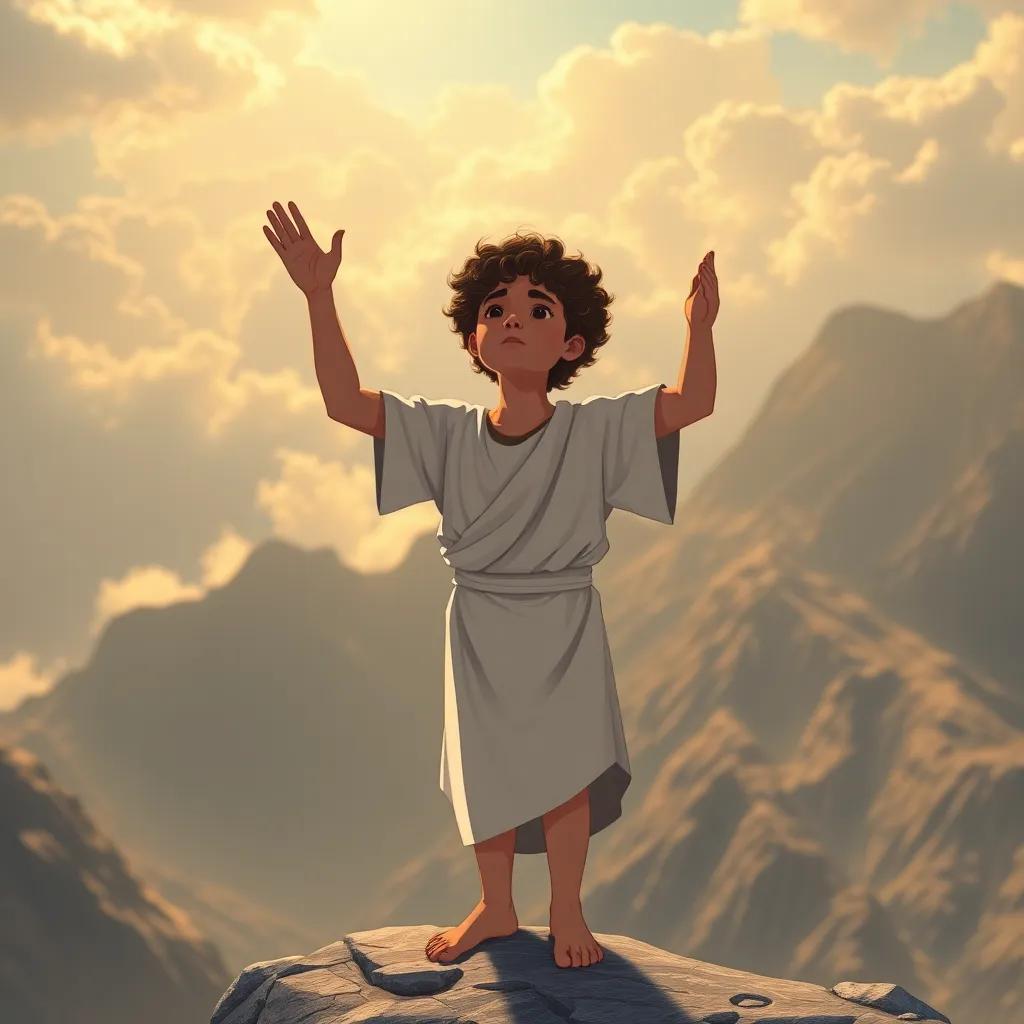 Ibrahim, a brave young boy with curly hair in a simple tunic, standing alone on a majestic mountain, praying with his hands raised to the sky, clouds around him, warm golden light shining, serene and uplifting, illustration, adventure-themed