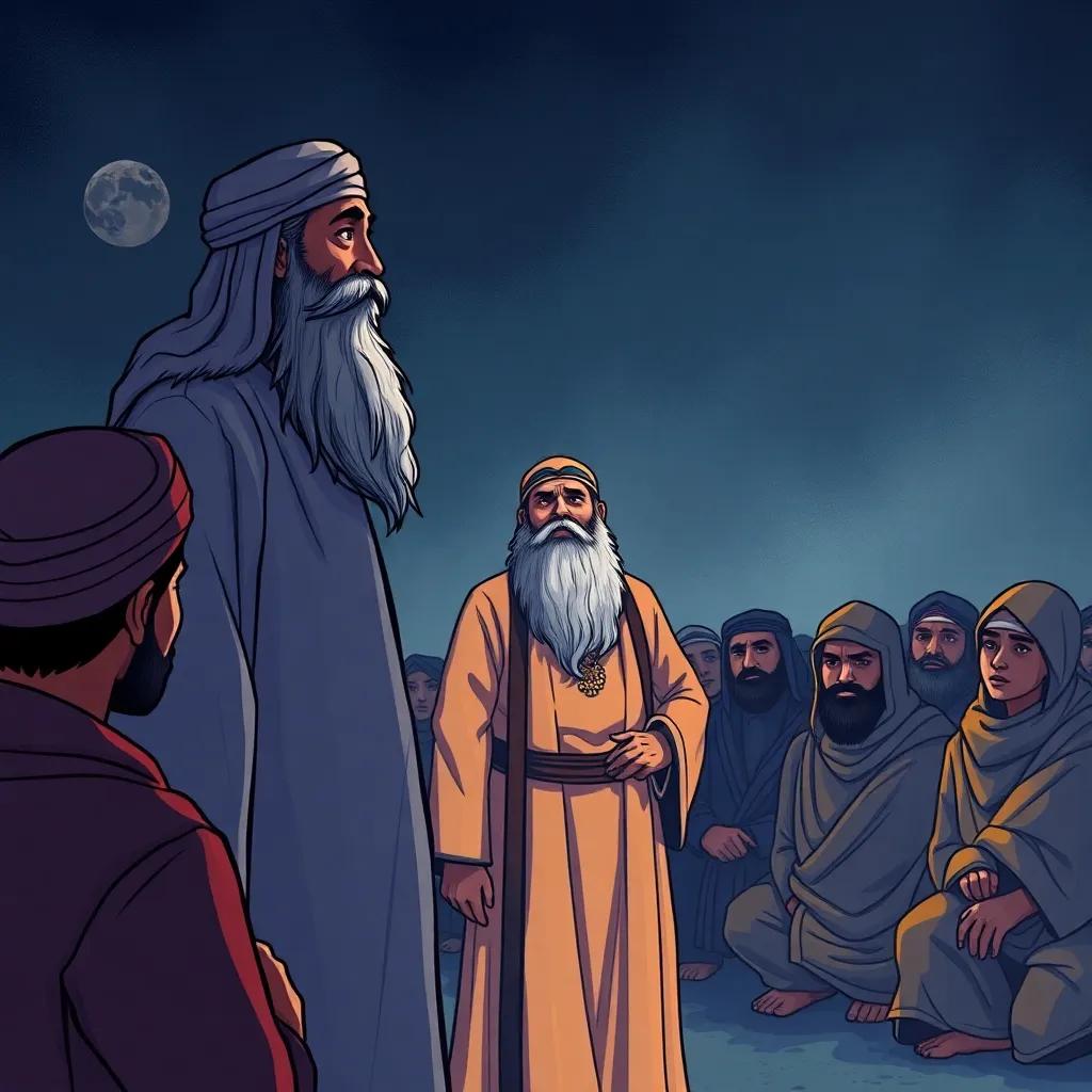 A thoughtful scene of Sayyidna Al-Yas, a wise man with a long beard in traditional clothes, standing tall while addressing a group of worried villagers, detailed illustration, serious yet hopeful colors, emotional lighting, storytelling view, high quality