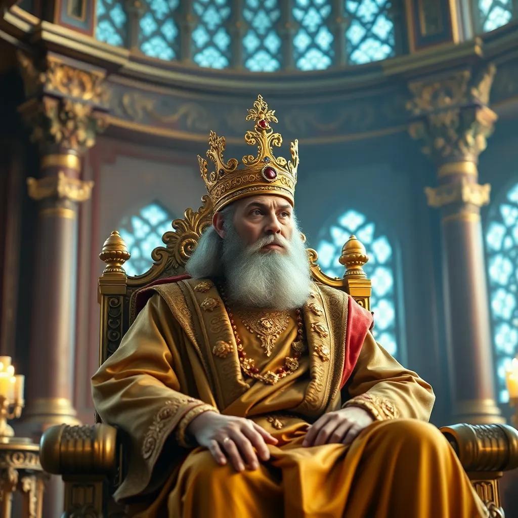 A majestic king, Solomon, sitting on a throne in a grand palace, wearing a golden crown and robes, looking thoughtful, cozy interior, warm light, colorful, high quality