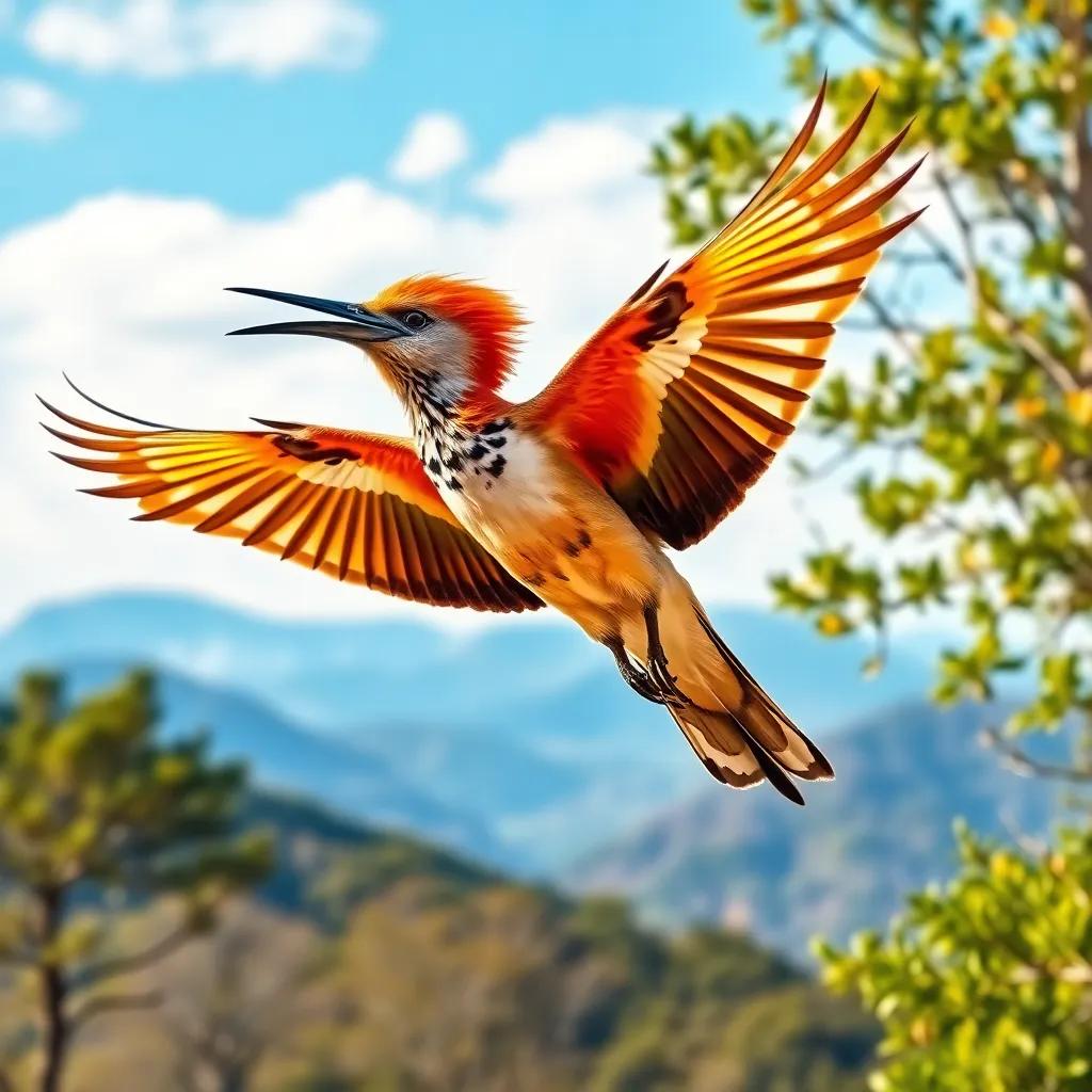 A beautiful hoopoe bird, flying, with colorful plumage, flapping its wings excitedly in the sky, with trees and mountains in the background, bright day, cheerful atmosphere, high quality