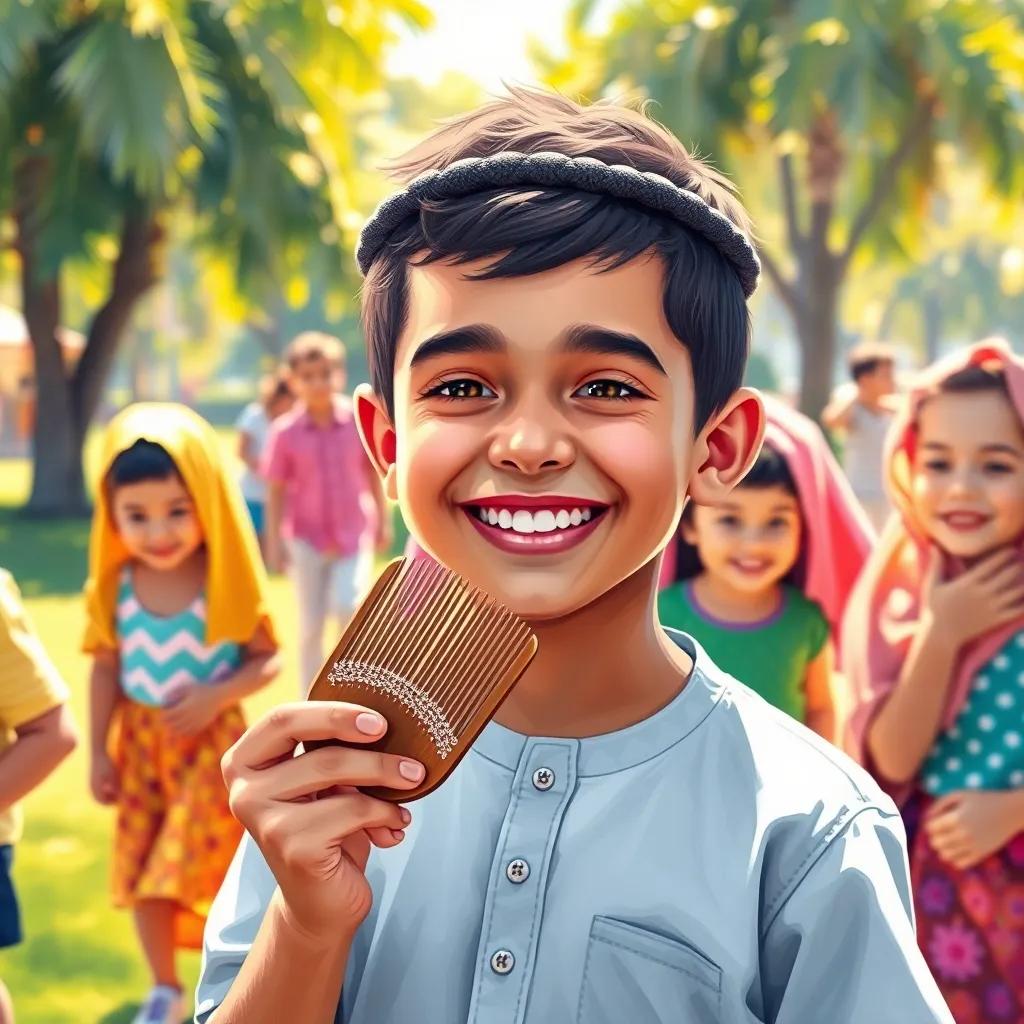 A joyful young Arab boy, smiling with short hair, holding a beautiful comb in his hand, surrounded by his friends playing in a sunny park, cheerful atmosphere, vibrant colors, digital art, high quality