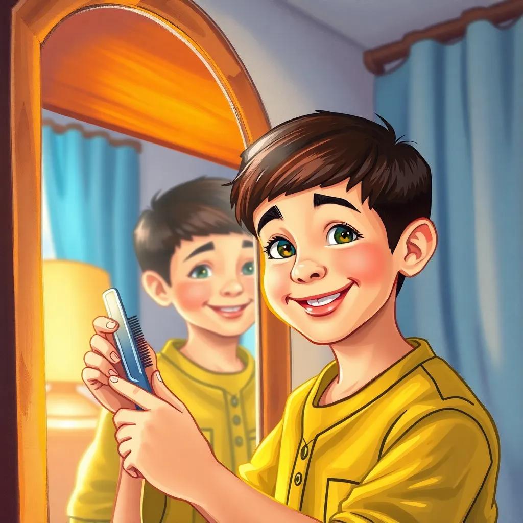 A young Arab boy, with short hair and a big smile, using a shiny comb in front of a mirror in his home, reflections of happiness, warm light, inviting colors, illustration, child-friendly
