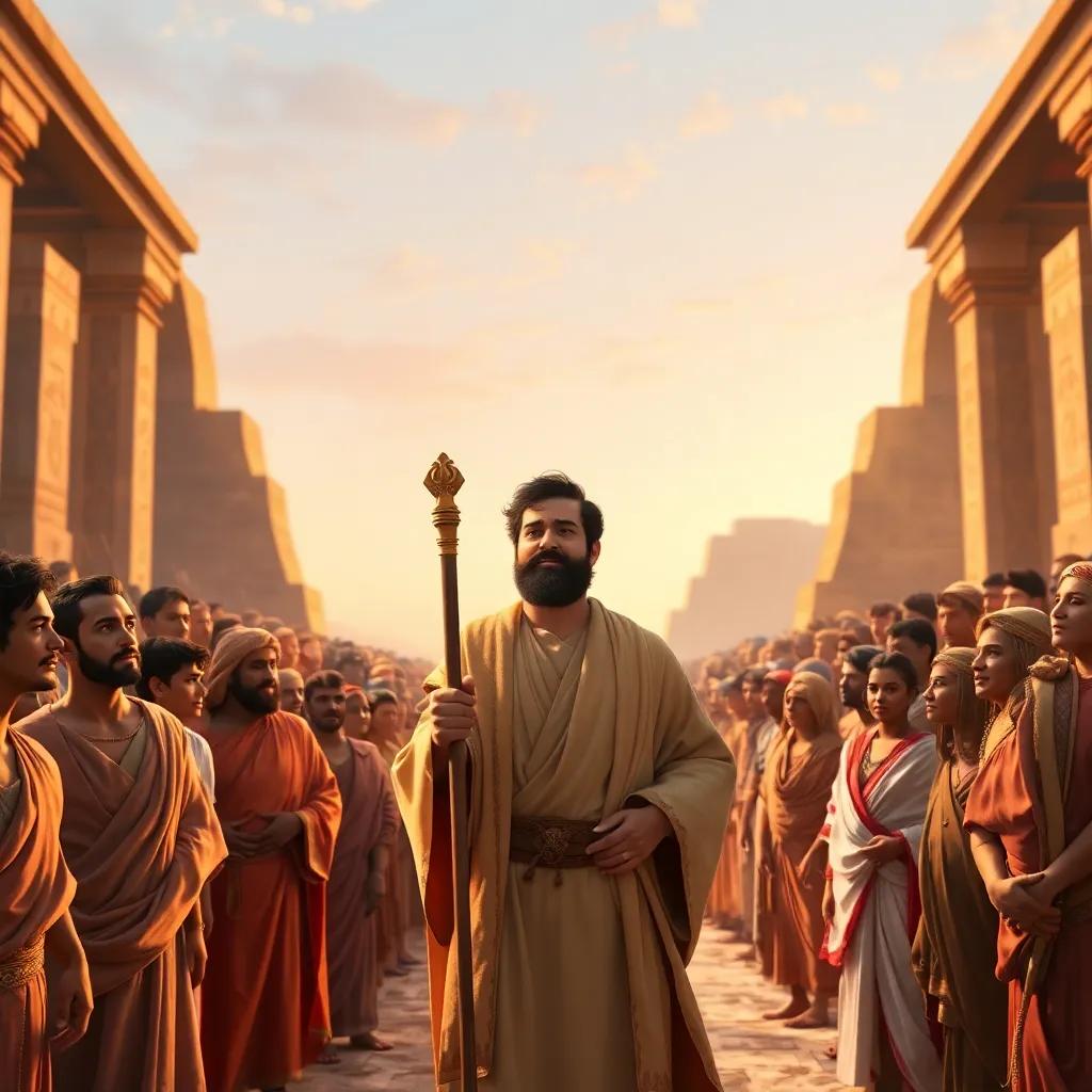 A grand scene of ancient Egypt with Moses, a Middle-Eastern man in his 30s, wearing a traditional robe and holding a staff, standing before a large group of people with expressions of hope, soft golden light, vibrant colors, inspirational atmosphere, majestic view
