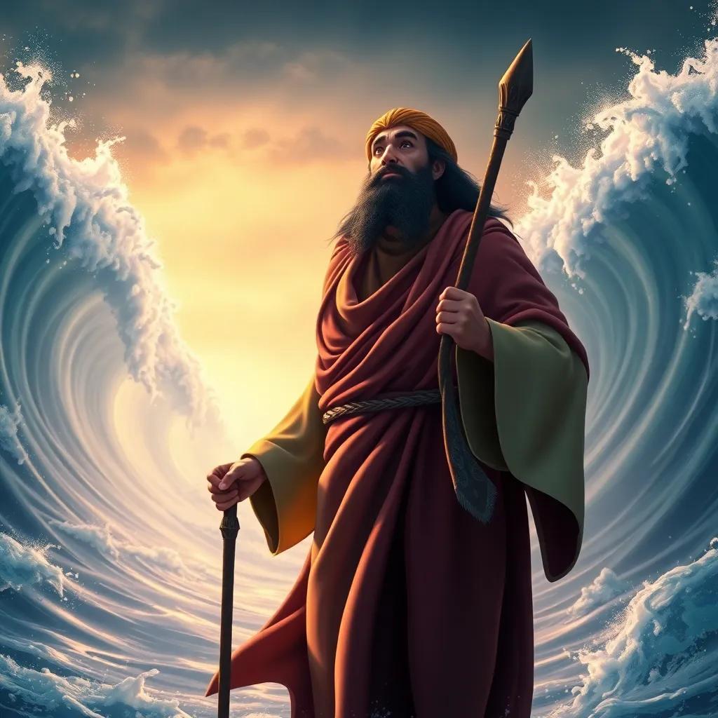 Moses, a Middle-Eastern man, in a traditional robe and holding a staff, leading his people through a parted sea, waves towering on both sides, dramatic lighting, intense colors, hopeful perspective, epic scene