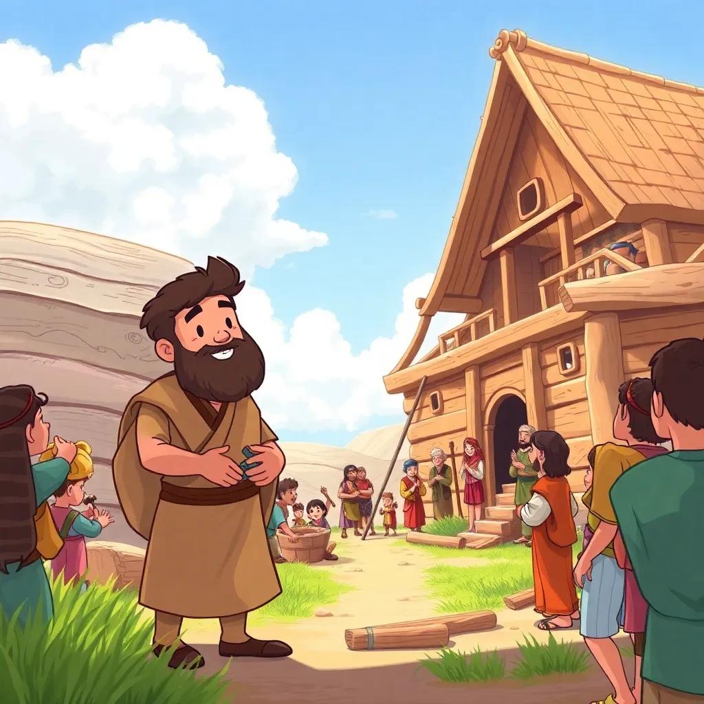 A man, Noah, wearing simple ancient clothing, building a big wooden ark with tools around him, surrounded by curious villagers watching, bright sunny day, digital art, vibrant colors, cheerful atmosphere, heartwarming view